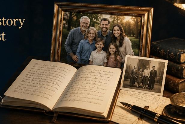 Framed family photograph, handwritten family journal and historic photo